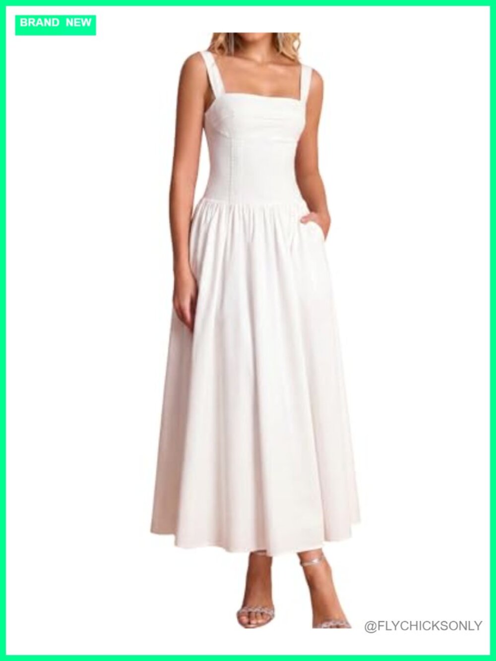 Flowy A-Line Corset Midi Dress Square Neck Smocked Back with Pockets